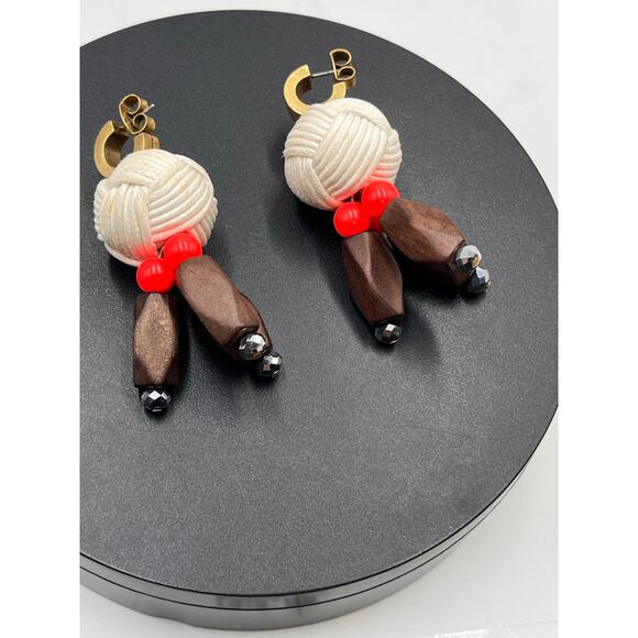 J. Crew Huggie Hoops with Yarn Knotted Ball Wood Beads Dangle  earrings - Picture 6 of 8